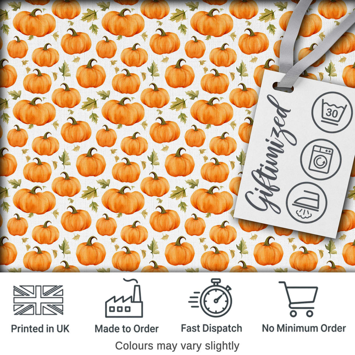 Watercolor Pumpkins and Leaves Seamless Pattern Soft White Background Fabric Digital Print Fabric by the Metre UK Sewing Quilting Textile