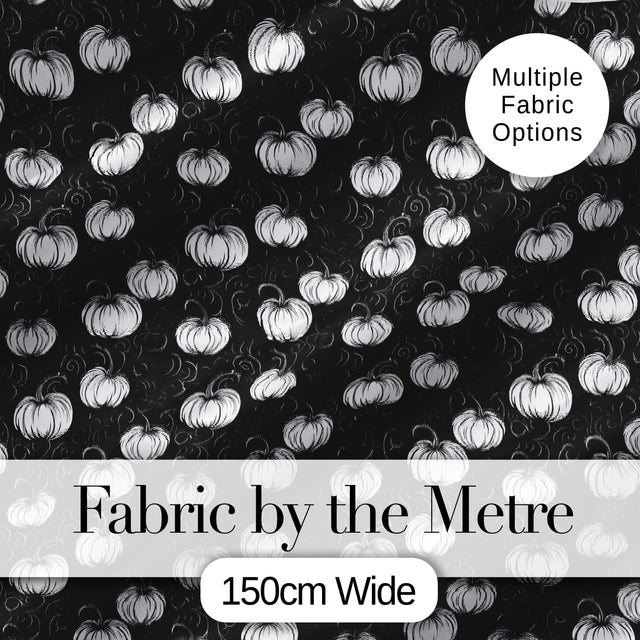 Monochrome White Pumpkins on Black Seamless Pattern Elegant Halloween Fabric Digital Print Fabric by the Metre UK Sewing Quilting Textile