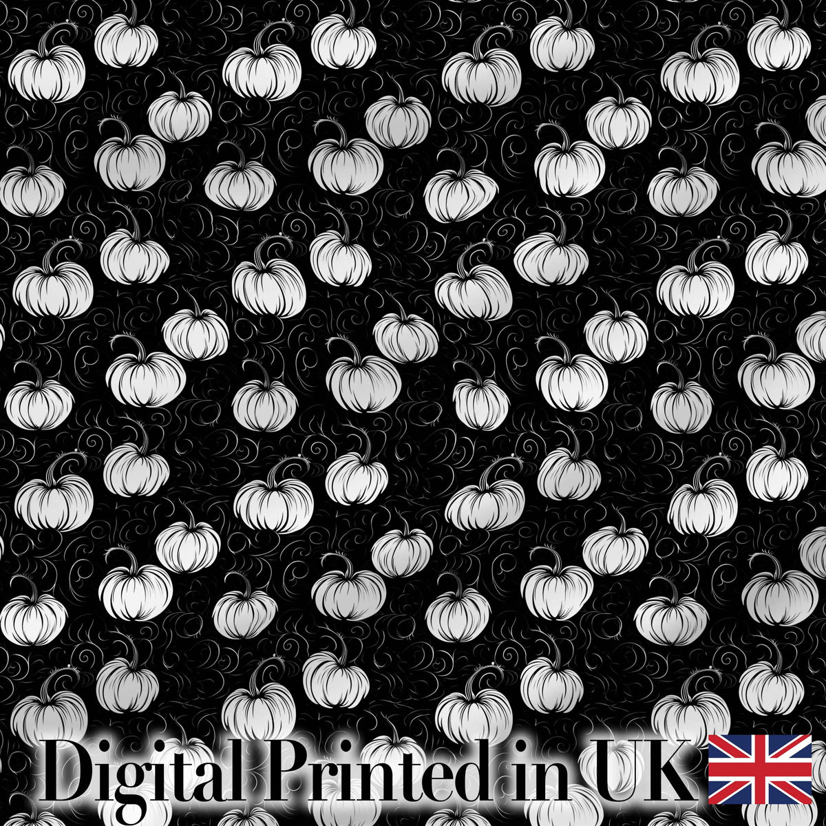 Monochrome White Pumpkins on Black Seamless Pattern Elegant Halloween Fabric Digital Print Fabric by the Metre UK Sewing Quilting Textile