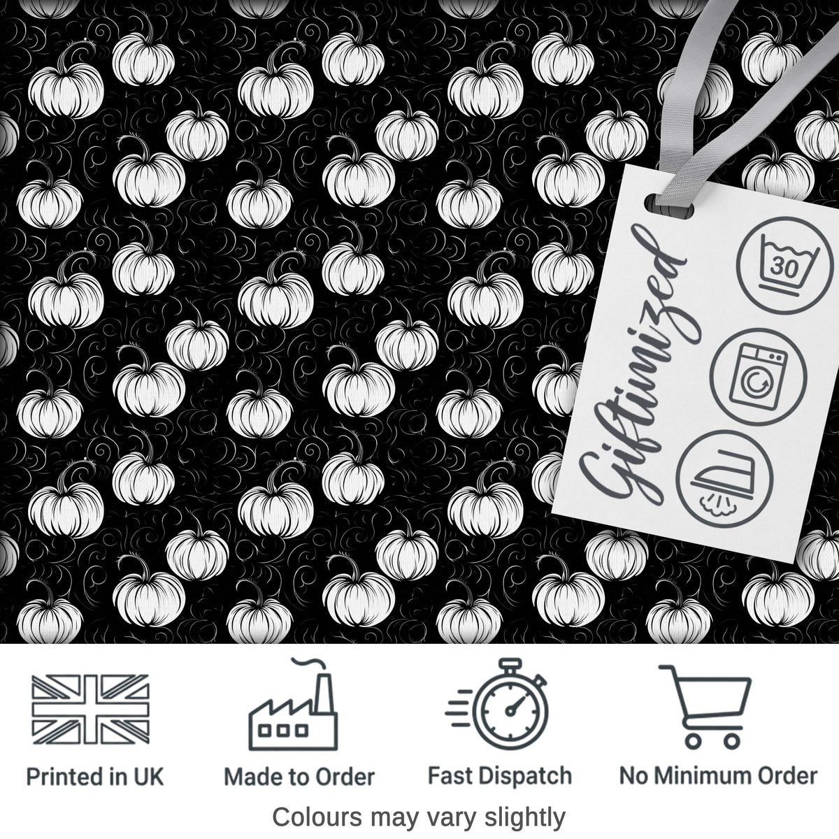 Monochrome White Pumpkins on Black Seamless Pattern Elegant Halloween Fabric Digital Print Fabric by the Metre UK Sewing Quilting Textile