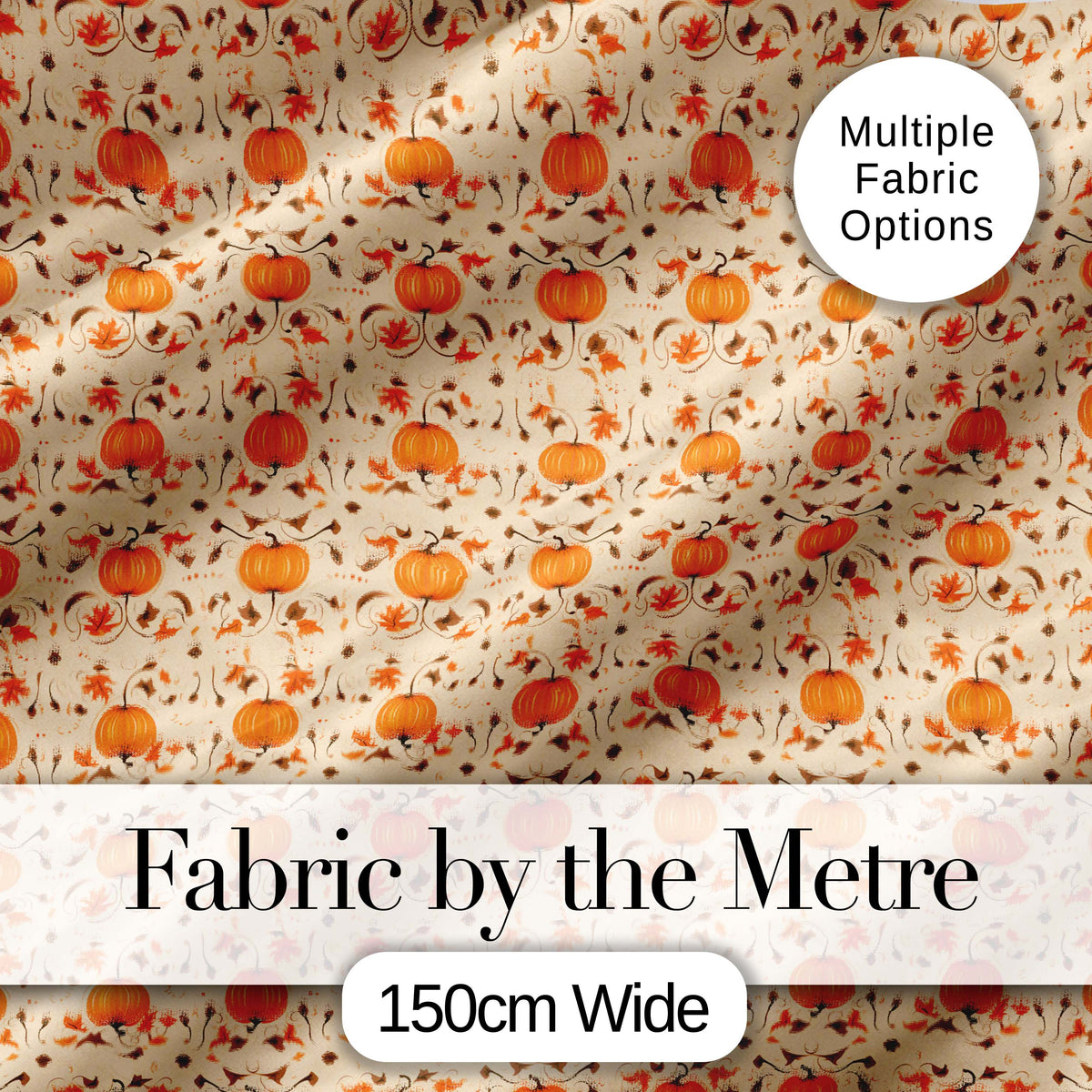 Autumn Pumpkins and Swirling Leaves Seamless Pattern Warm Beige Background Digital Print Fabric by the Metre UK Sewing Quilting Textile