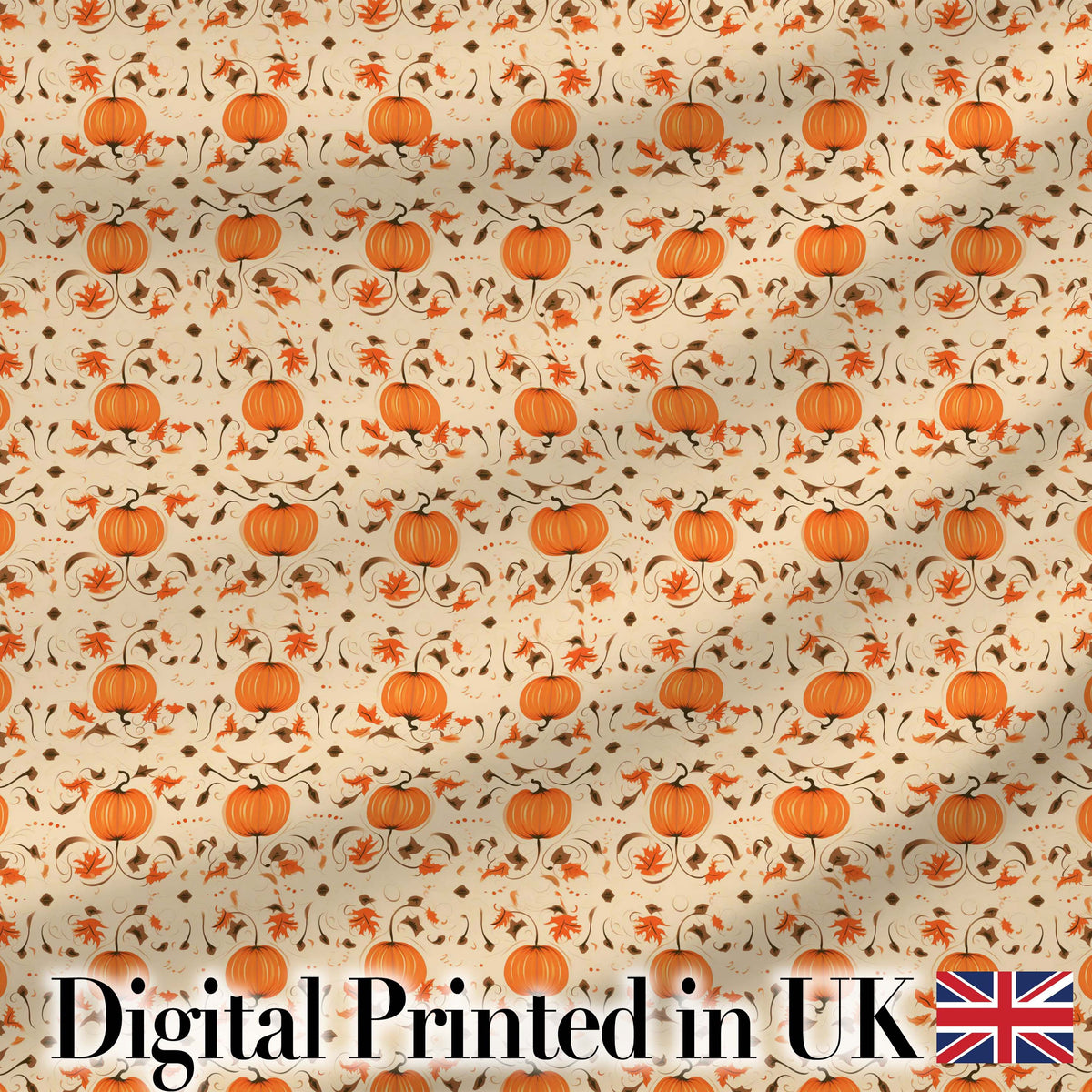 Autumn Pumpkins and Swirling Leaves Seamless Pattern Warm Beige Background Digital Print Fabric by the Metre UK Sewing Quilting Textile