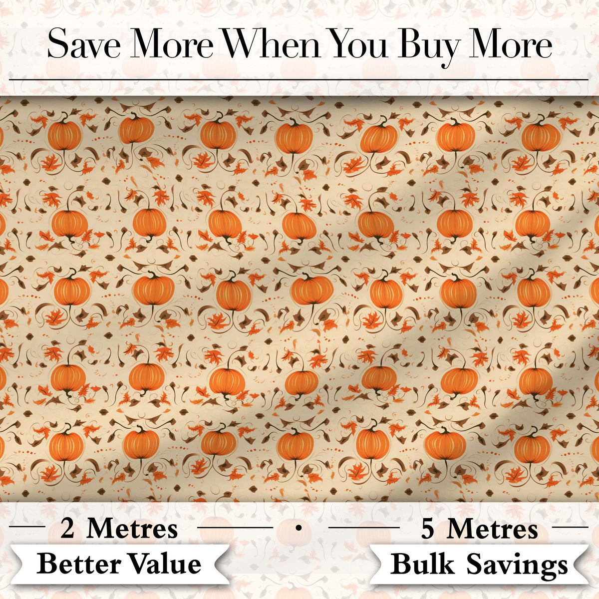 Autumn Pumpkins and Swirling Leaves Seamless Pattern Warm Beige Background Digital Print Fabric by the Metre UK Sewing Quilting Textile