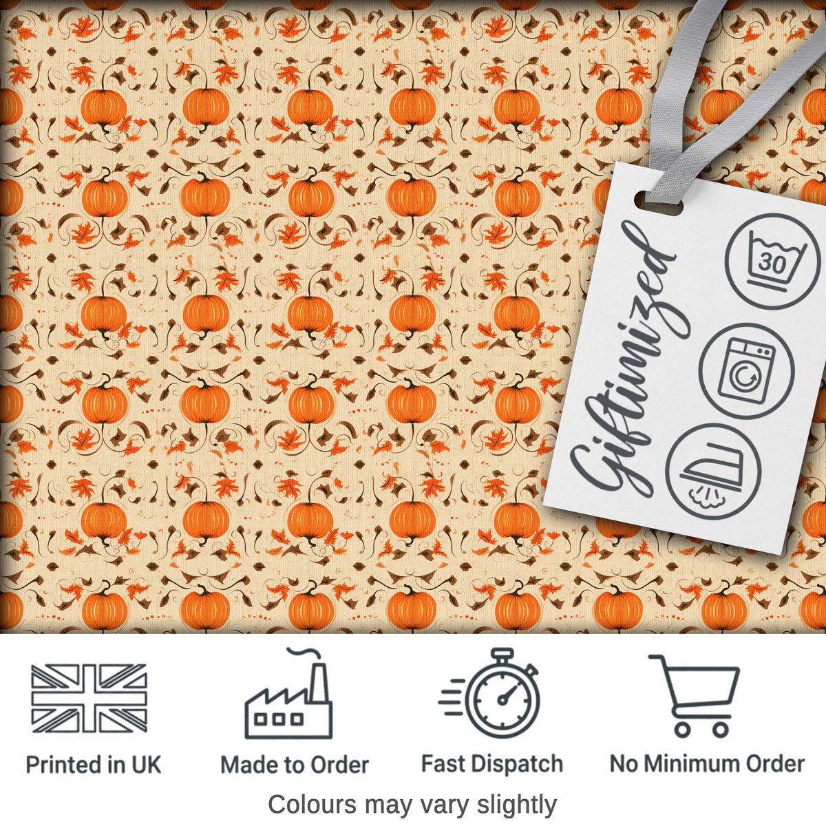 Autumn Pumpkins and Swirling Leaves Seamless Pattern Warm Beige Background Digital Print Fabric by the Metre UK Sewing Quilting Textile