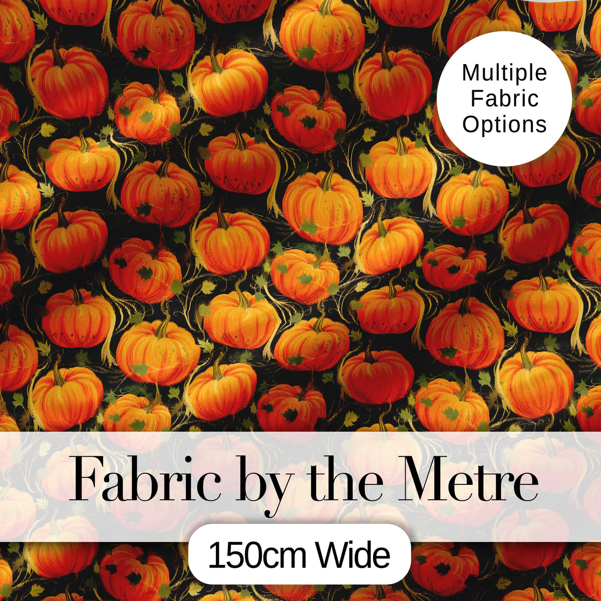 Bright Orange Pumpkins Seamless Pattern Black Background Autumn Fabric Digital Print Fabric by the Metre UK Sewing Quilting Textile