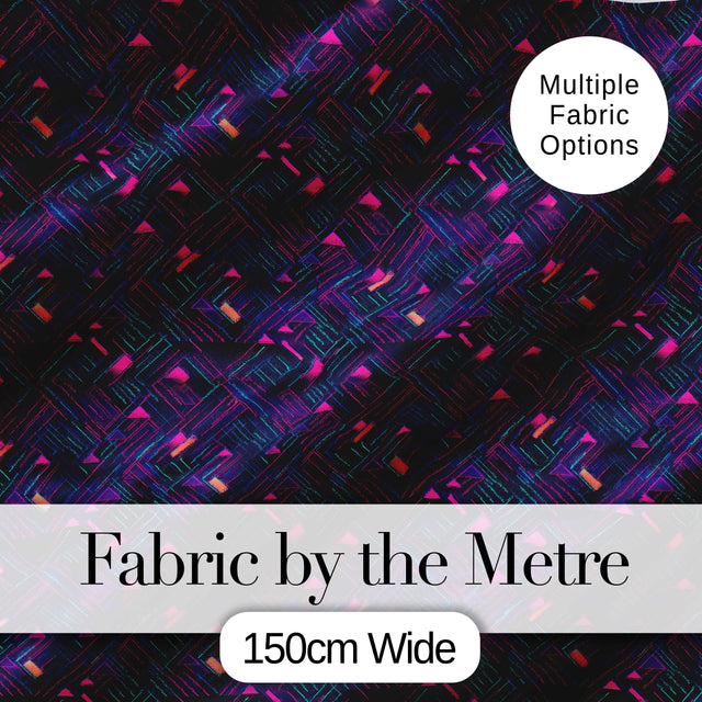 Neon Geometric Lines Abstract Pattern Dark Background Futuristic Style Digital Print Fabric by the Metre UK Sewing Quilting Textile