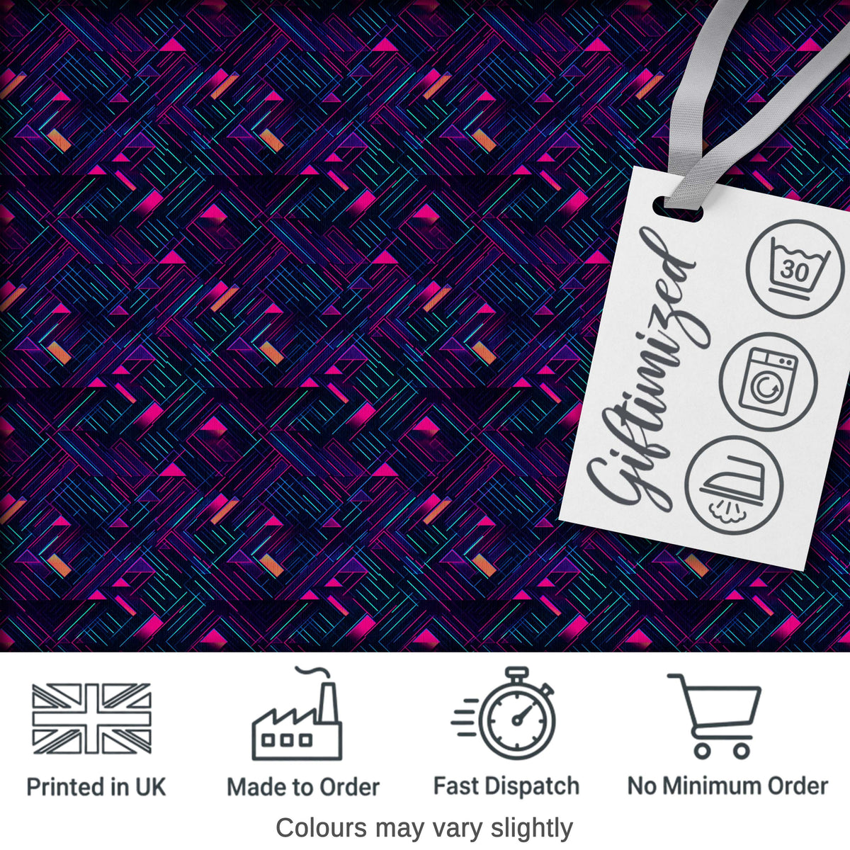 Neon Geometric Lines Abstract Pattern Dark Background Futuristic Style Digital Print Fabric by the Metre UK Sewing Quilting Textile