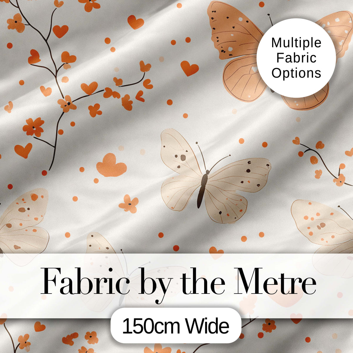 Delicate Butterfly Floral Hearts Seamless Pattern Soft Beige Background Digital Print Fabric by the Metre UK Sewing Quilting Textile