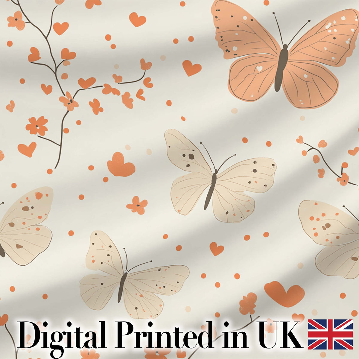 Delicate Butterfly Floral Hearts Seamless Pattern Soft Beige Background Digital Print Fabric by the Metre UK Sewing Quilting Textile