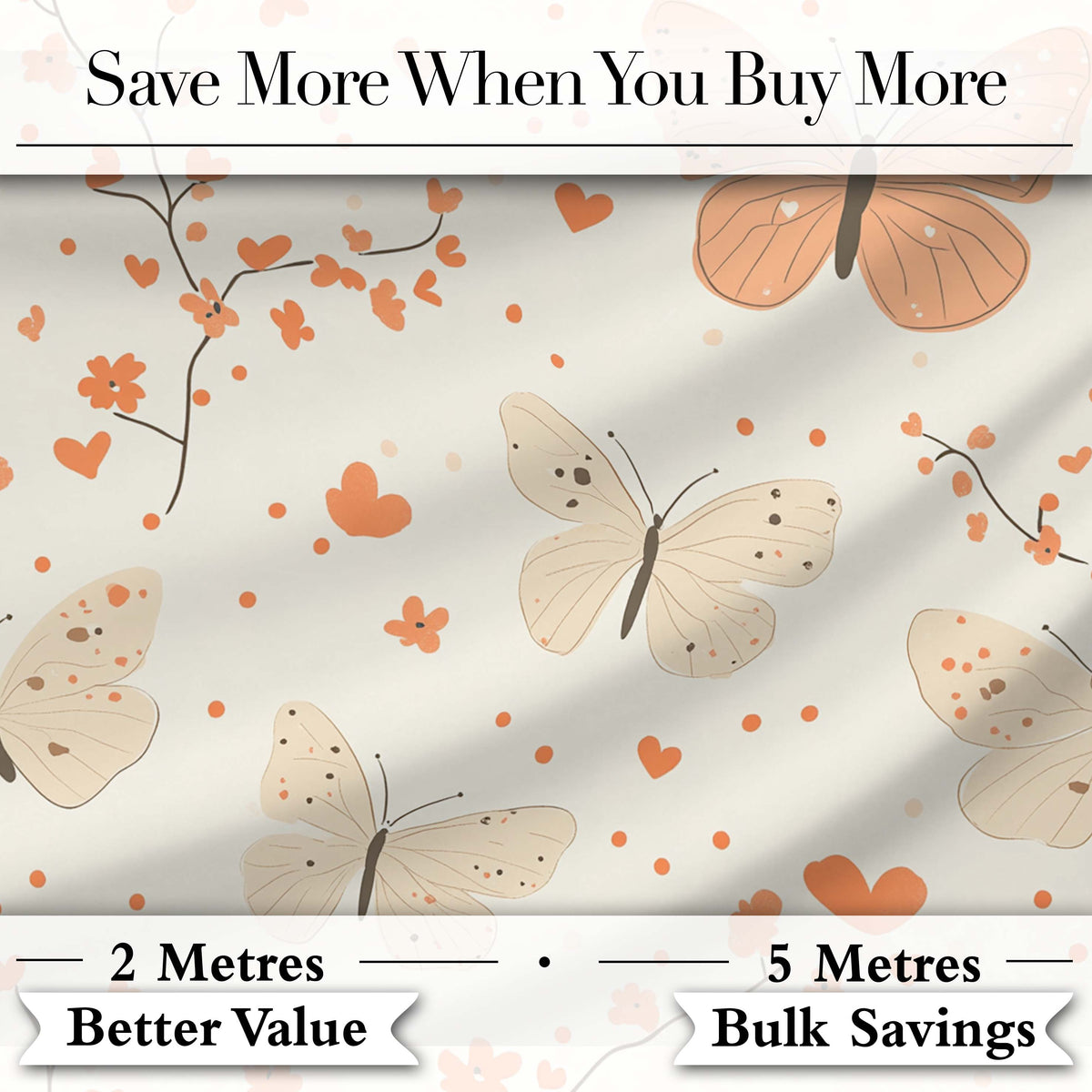 Delicate Butterfly Floral Hearts Seamless Pattern Soft Beige Background Digital Print Fabric by the Metre UK Sewing Quilting Textile