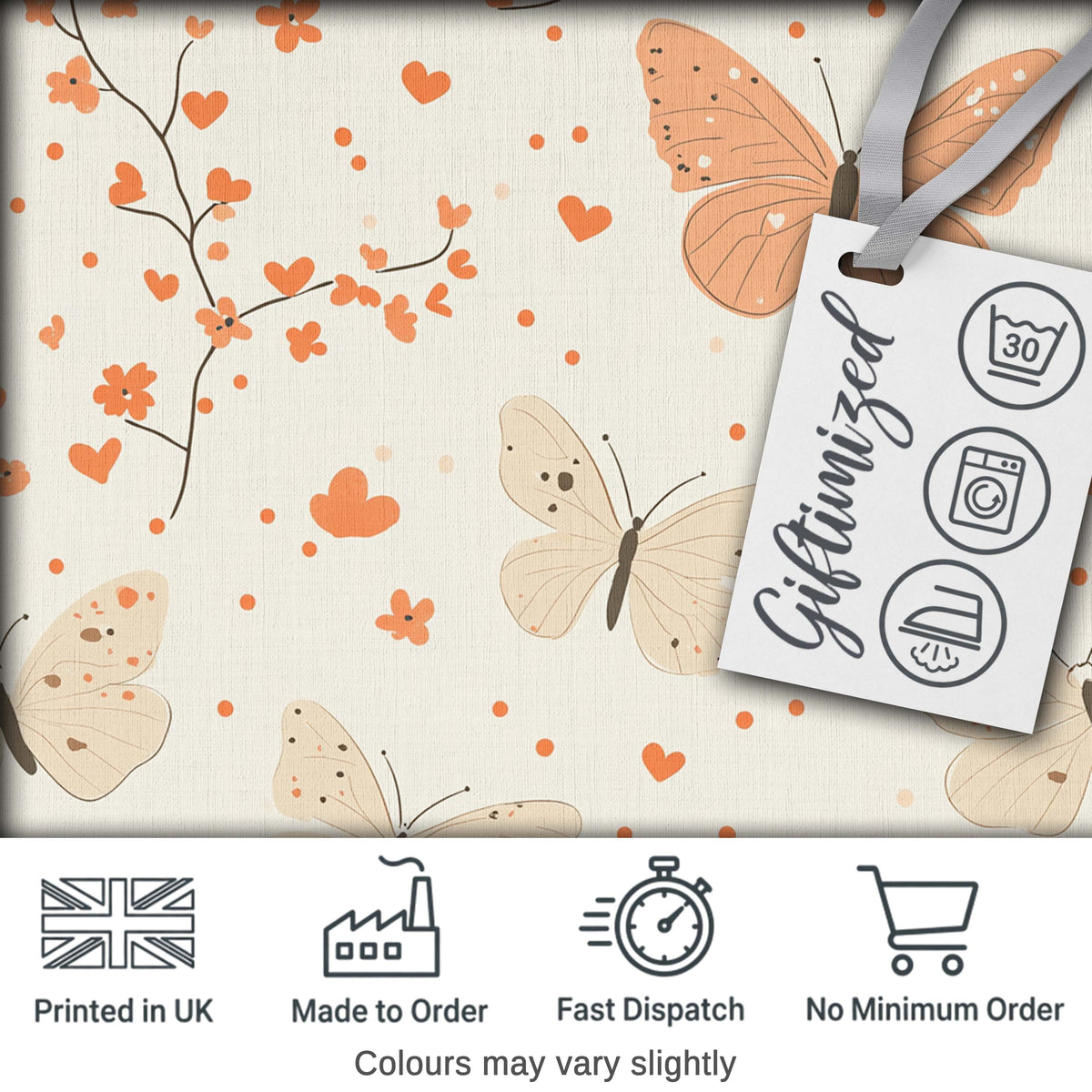 Delicate Butterfly Floral Hearts Seamless Pattern Soft Beige Background Digital Print Fabric by the Metre UK Sewing Quilting Textile