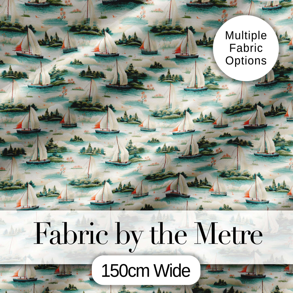 Vintage Sailing Boats Coastal Landscape Seamless Pattern Soft Pastel Sea Digital Print Fabric by the Metre UK Sewing Quilting Textile