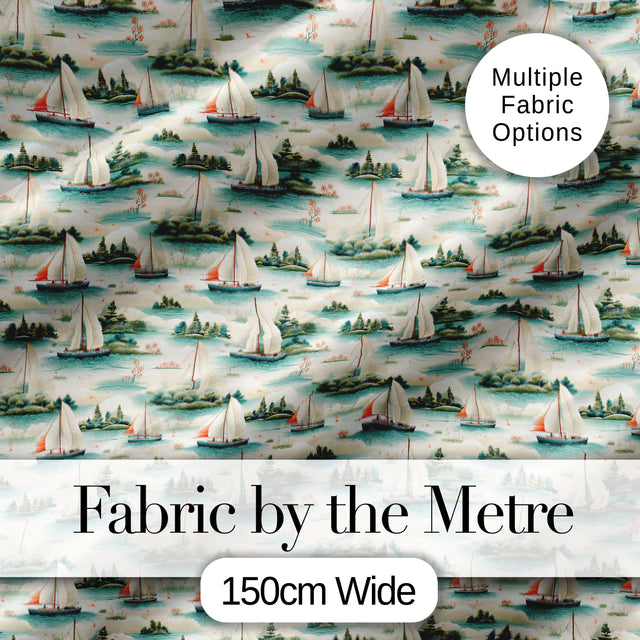Vintage Sailing Boats Coastal Landscape Seamless Pattern Soft Pastel Sea Digital Print Fabric by the Metre UK Sewing Quilting Textile