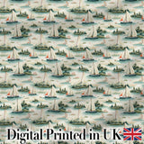 Vintage Sailing Boats Coastal Landscape Seamless Pattern Soft Pastel Sea Digital Print Fabric by the Metre UK Sewing Quilting Textile