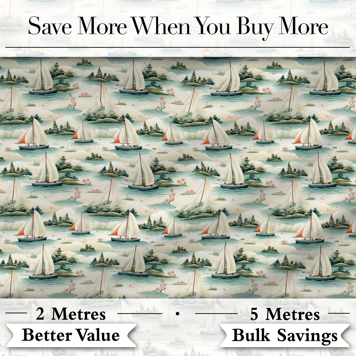 Vintage Sailing Boats Coastal Landscape Seamless Pattern Soft Pastel Sea Digital Print Fabric by the Metre UK Sewing Quilting Textile