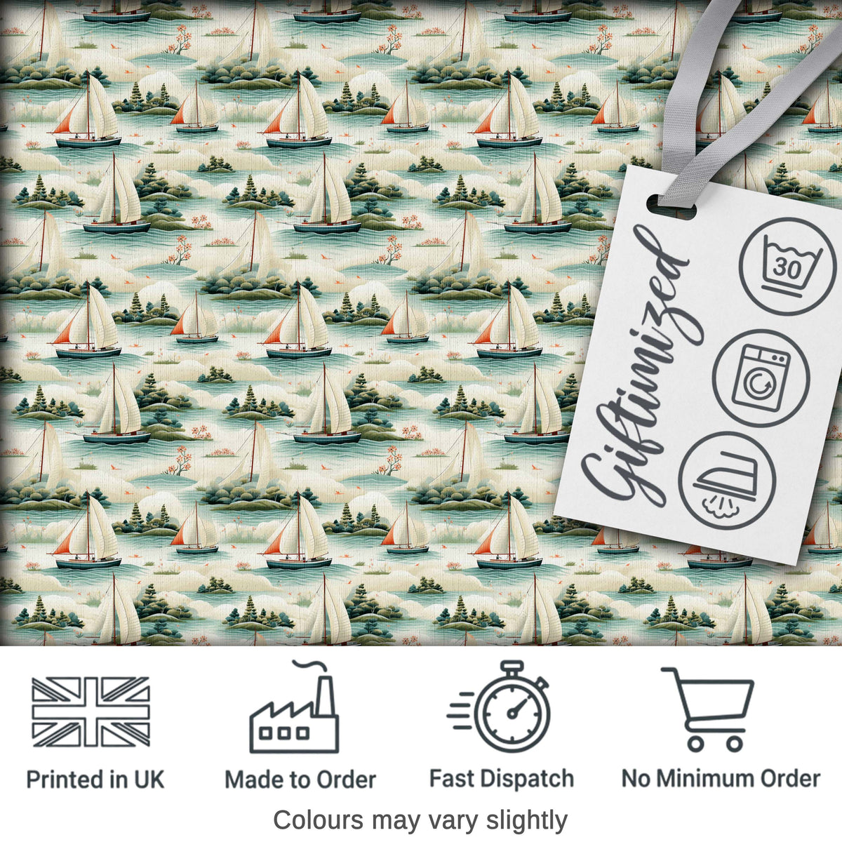 Vintage Sailing Boats Coastal Landscape Seamless Pattern Soft Pastel Sea Digital Print Fabric by the Metre UK Sewing Quilting Textile