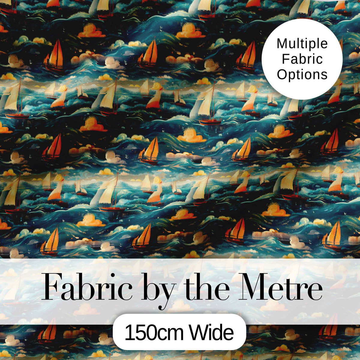 Colorful Ocean Waves Sailboats Scenic Seamless Pattern Dramatic Sea Digital Print Fabric by the Metre UK Sewing Quilting Textile