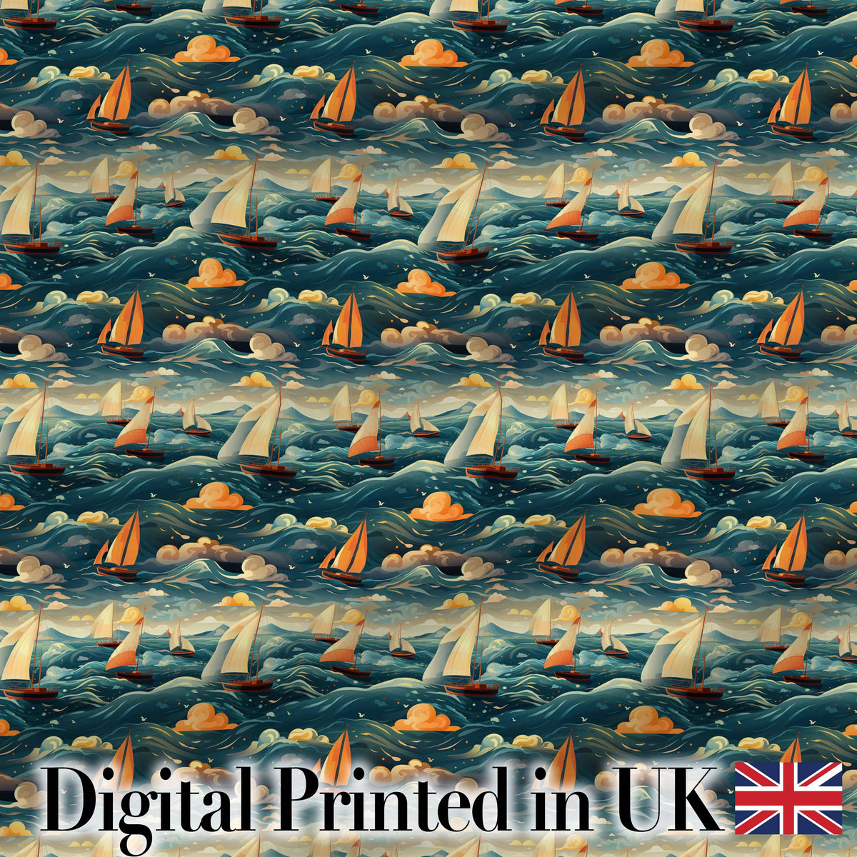 Colorful Ocean Waves Sailboats Scenic Seamless Pattern Dramatic Sea Digital Print Fabric by the Metre UK Sewing Quilting Textile