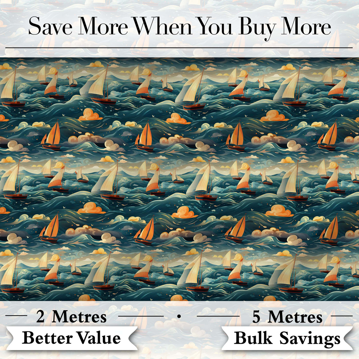 Colorful Ocean Waves Sailboats Scenic Seamless Pattern Dramatic Sea Digital Print Fabric by the Metre UK Sewing Quilting Textile