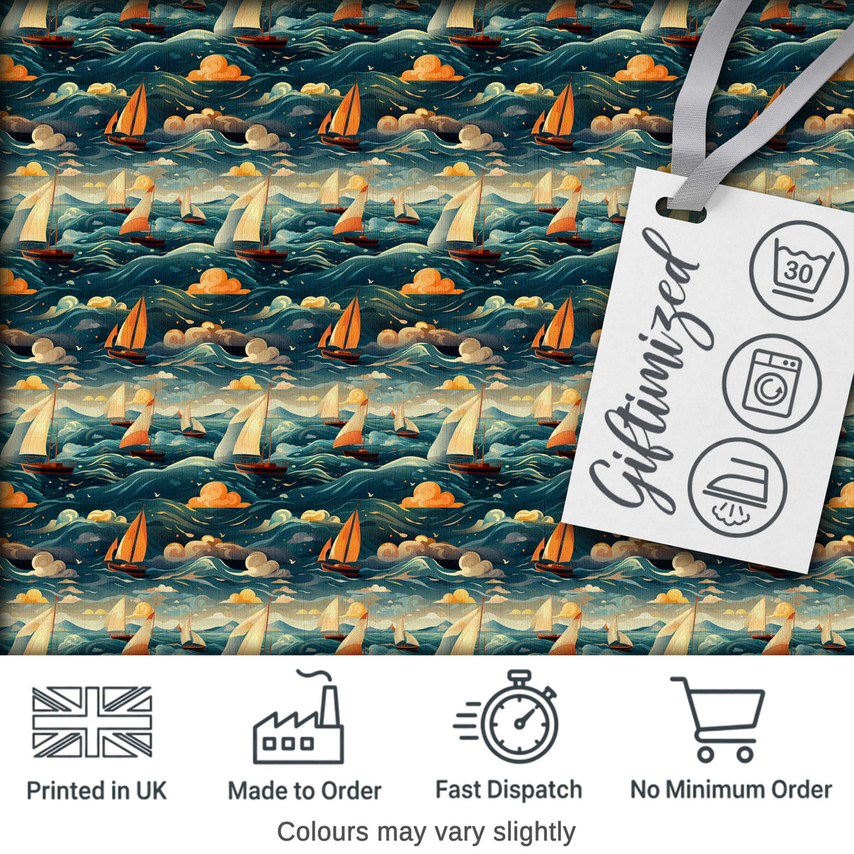 Colorful Ocean Waves Sailboats Scenic Seamless Pattern Dramatic Sea Digital Print Fabric by the Metre UK Sewing Quilting Textile