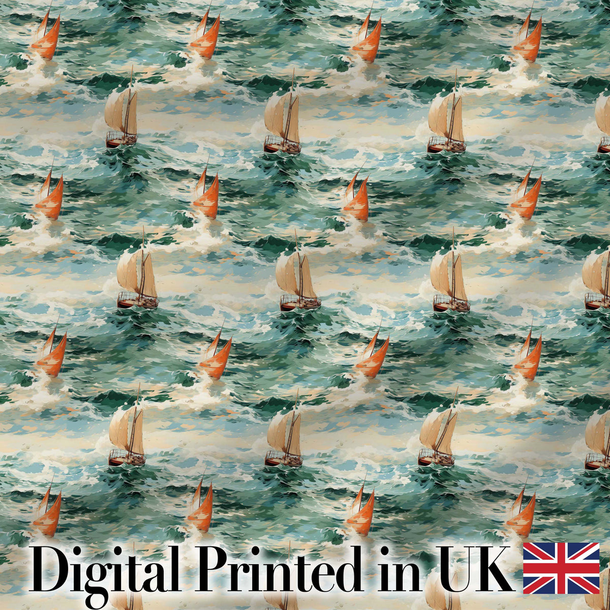 Classic Sailing Boats Rough Sea Seamless Pattern Artistic Ocean Waves Digital Print Fabric by the Metre UK Sewing Quilting Textile