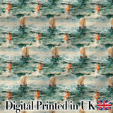 Classic Sailing Boats Rough Sea Seamless Pattern Artistic Ocean Waves Digital Print Fabric by the Metre UK Sewing Quilting Textile