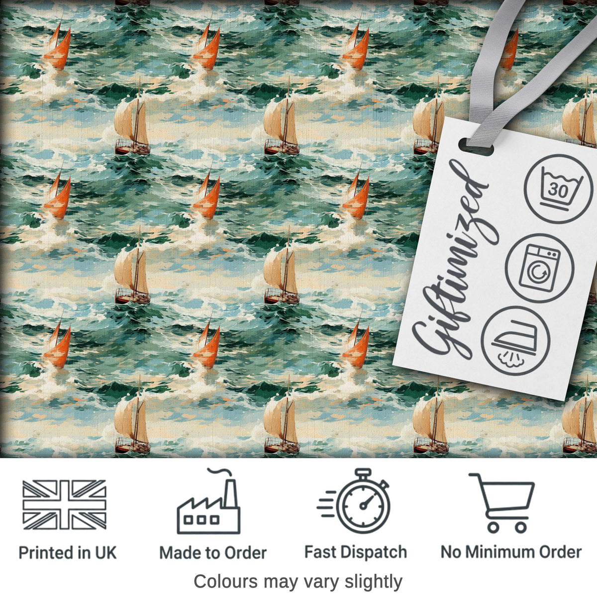 Classic Sailing Boats Rough Sea Seamless Pattern Artistic Ocean Waves Digital Print Fabric by the Metre UK Sewing Quilting Textile
