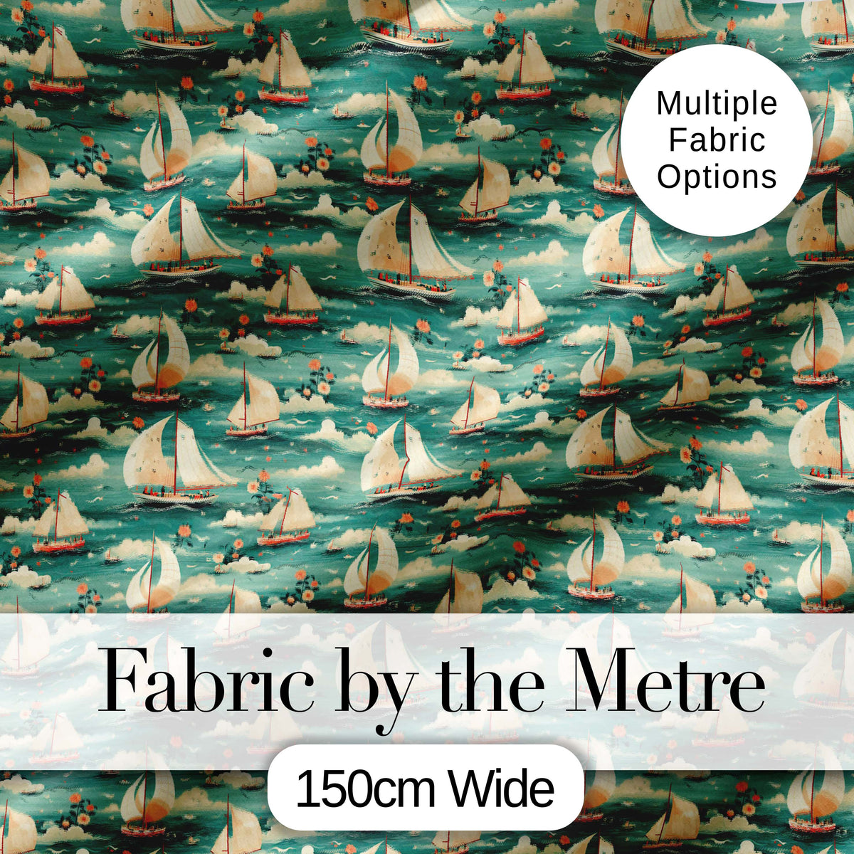 Charming Sailboats Floral Sea Seamless Pattern Whimsical Coastal Design Digital Print Fabric by the Metre UK Sewing Quilting Textile