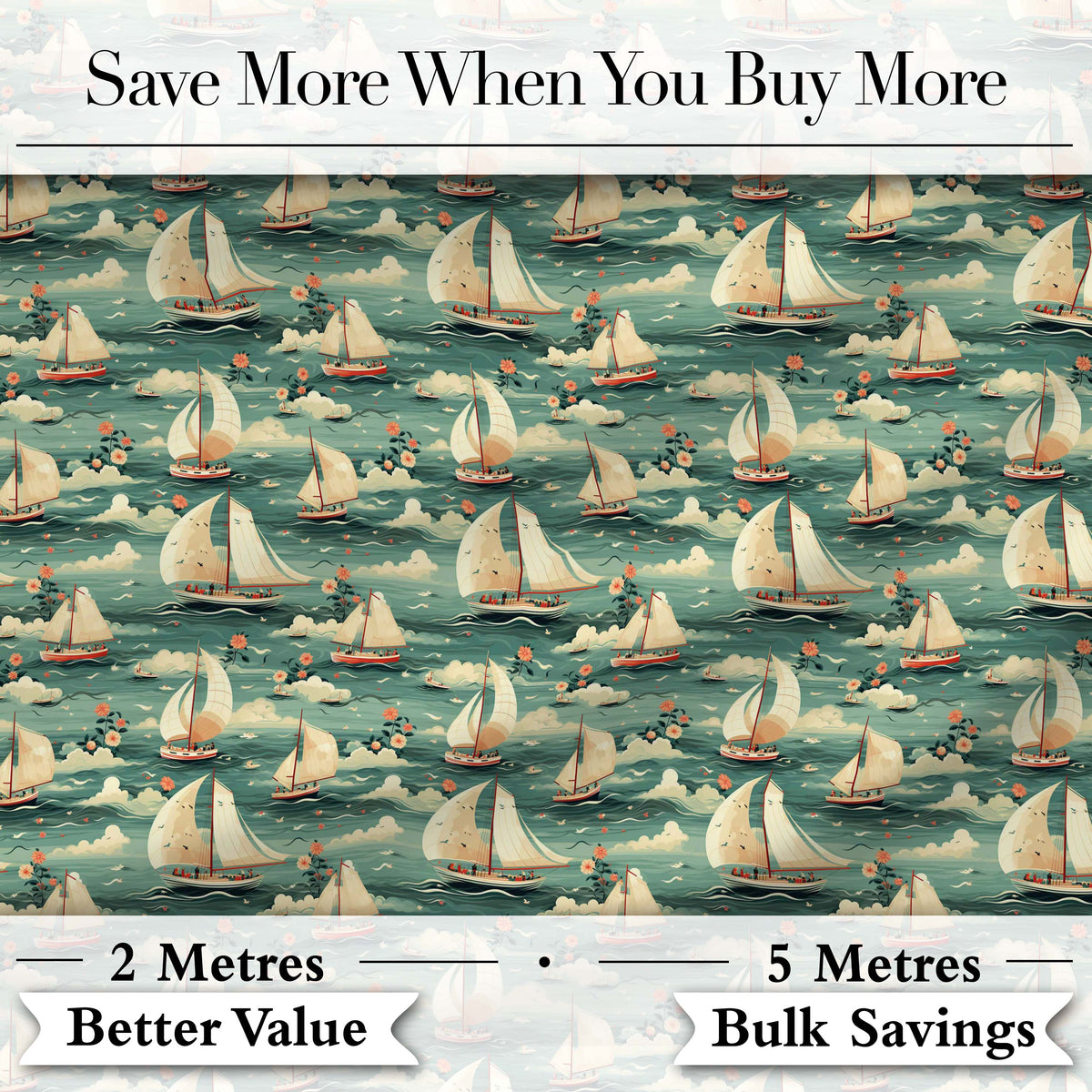 Charming Sailboats Floral Sea Seamless Pattern Whimsical Coastal Design Digital Print Fabric by the Metre UK Sewing Quilting Textile
