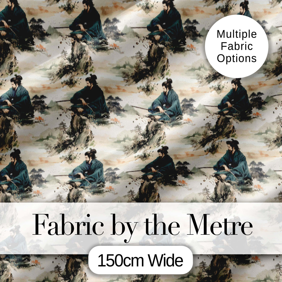 Serene Samurai Warrior Mountain Scene Seamless Pattern Japanese Art Digital Print Fabric by the Metre UK Sewing Quilting Textile
