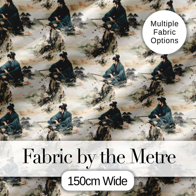Serene Samurai Warrior Mountain Scene Seamless Pattern Japanese Art Digital Print Fabric by the Metre UK Sewing Quilting Textile
