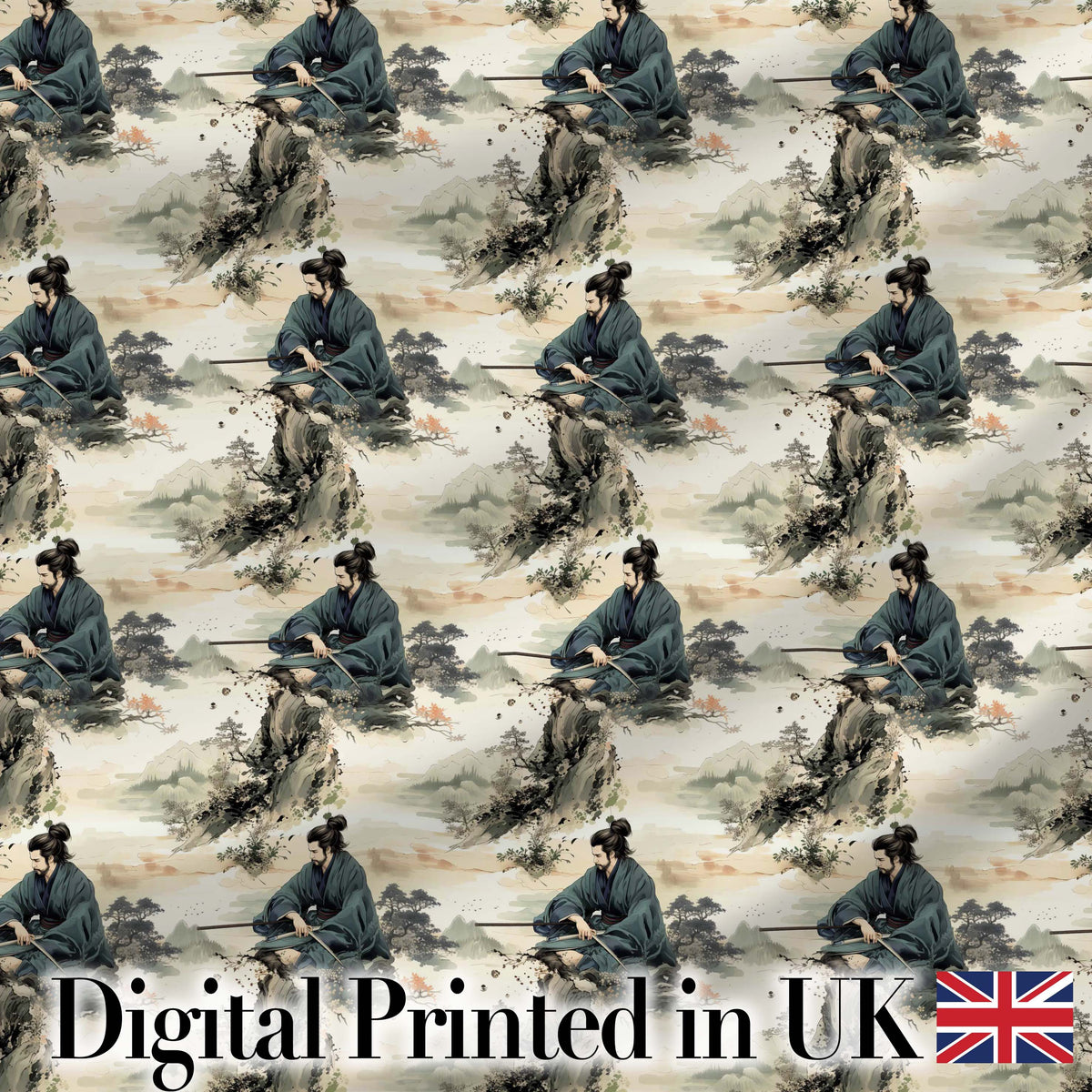 Serene Samurai Warrior Mountain Scene Seamless Pattern Japanese Art Digital Print Fabric by the Metre UK Sewing Quilting Textile