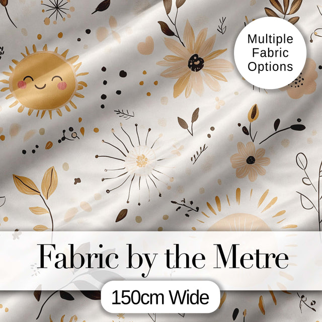 Boho Sun Flowers Abstract Leaves Seamless Pattern Neutral Tones Digital Print Fabric by the Metre UK Sewing Quilting Textile