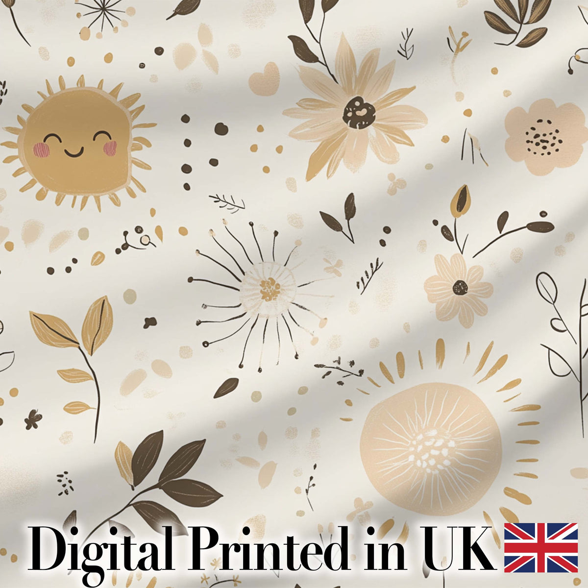 Boho Sun Flowers Abstract Leaves Seamless Pattern Neutral Tones Digital Print Fabric by the Metre UK Sewing Quilting Textile