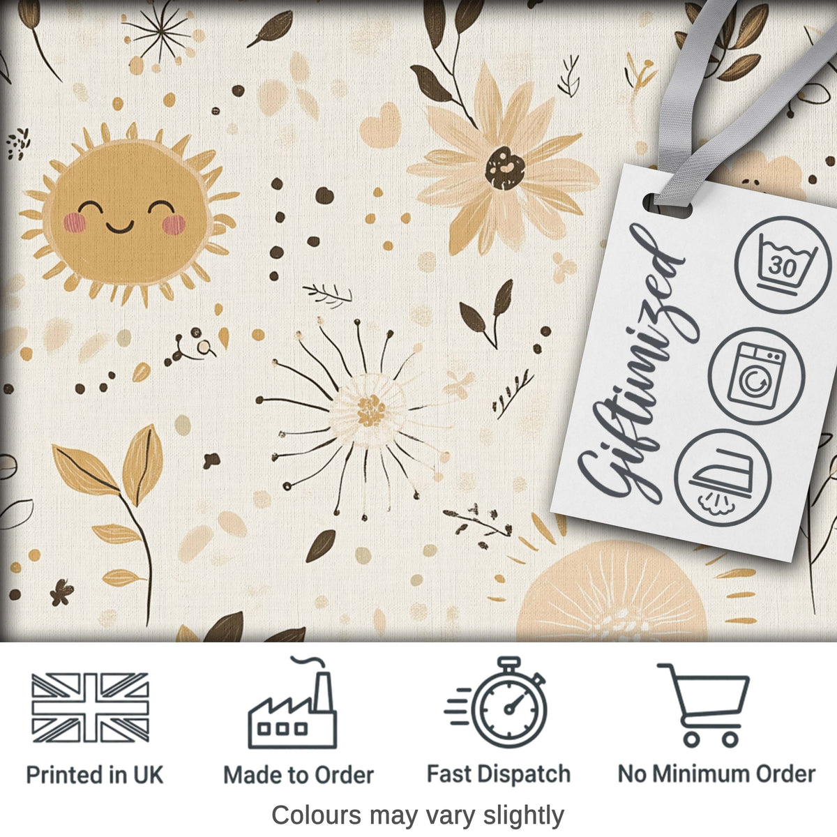 Boho Sun Flowers Abstract Leaves Seamless Pattern Neutral Tones Digital Print Fabric by the Metre UK Sewing Quilting Textile