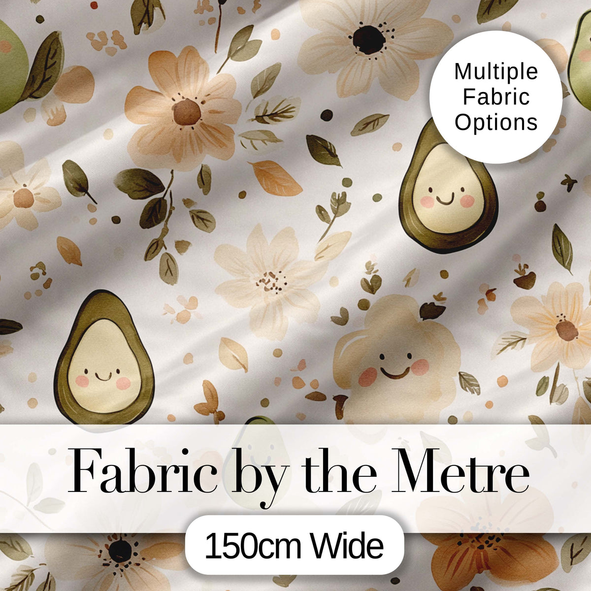 Cute Avocado Floral Smiling Fruit Seamless Pattern Soft Beige Digital Print Fabric by the Metre UK Sewing Quilting Textile