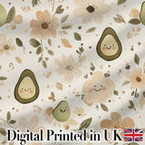 Cute Avocado Floral Smiling Fruit Seamless Pattern Soft Beige Digital Print Fabric by the Metre UK Sewing Quilting Textile