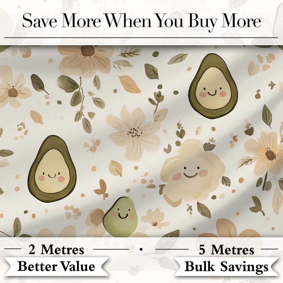 Cute Avocado Floral Smiling Fruit Seamless Pattern Soft Beige Digital Print Fabric by the Metre UK Sewing Quilting Textile