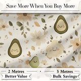 Cute Avocado Floral Smiling Fruit Seamless Pattern Soft Beige Digital Print Fabric by the Metre UK Sewing Quilting Textile