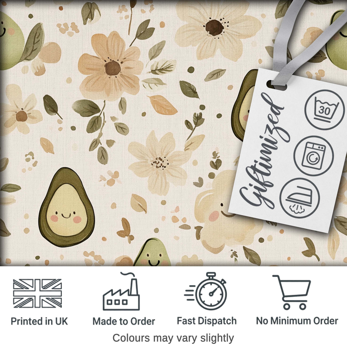Cute Avocado Floral Smiling Fruit Seamless Pattern Soft Beige Digital Print Fabric by the Metre UK Sewing Quilting Textile
