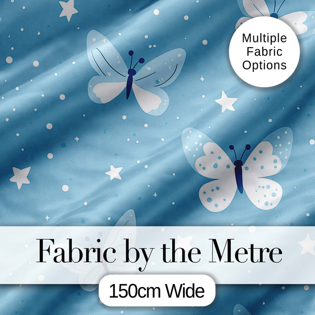 Blue Butterflies Stars Dreamy Sky Seamless Pattern Soft Pastel Background Digital Print Fabric by the Metre UK Sewing Quilting Textile
