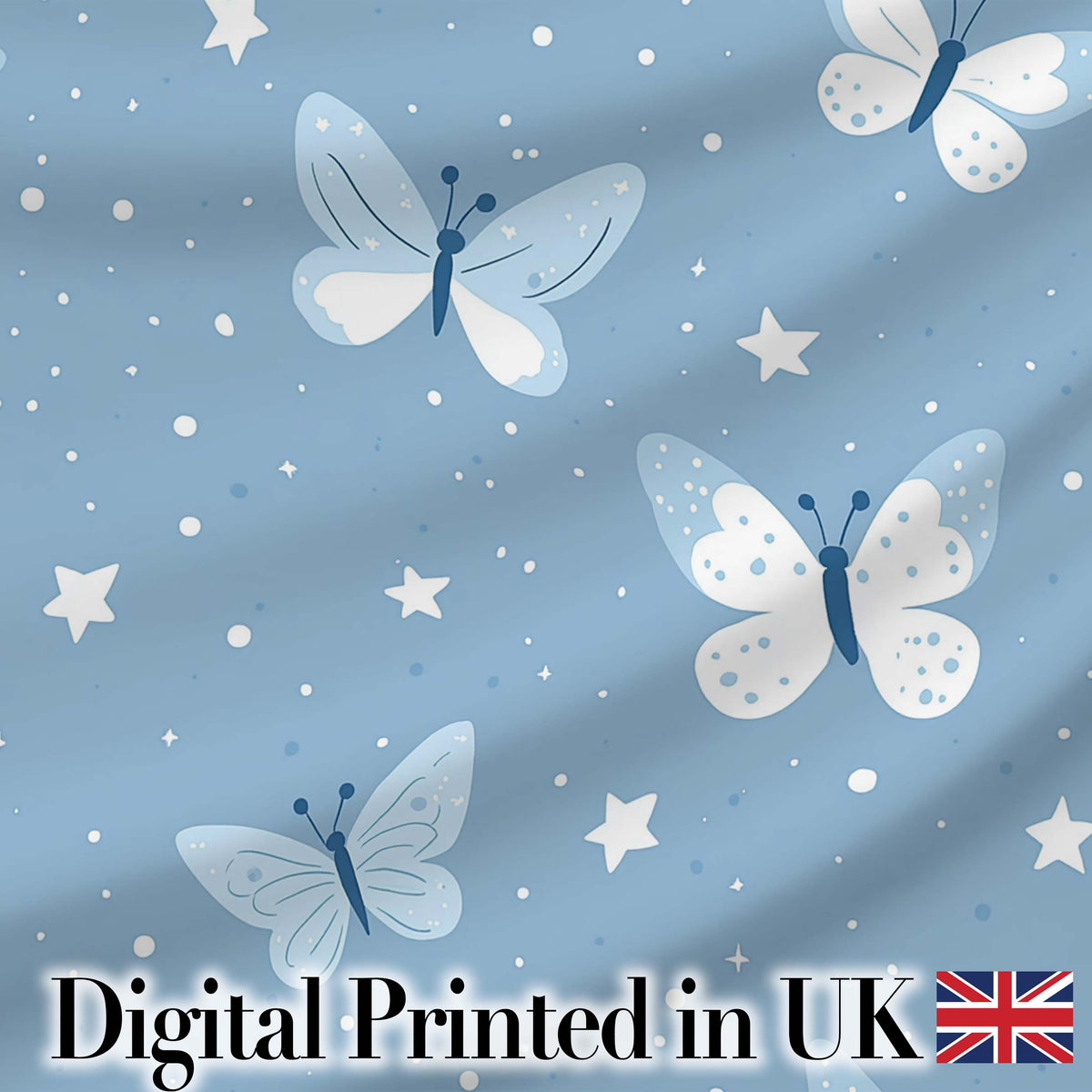 Blue Butterflies Stars Dreamy Sky Seamless Pattern Soft Pastel Background Digital Print Fabric by the Metre UK Sewing Quilting Textile