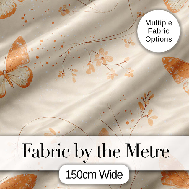 Peach Butterflies Floral Branches Seamless Pattern Soft Beige Background Digital Print Fabric by the Metre UK Sewing Quilting Textile