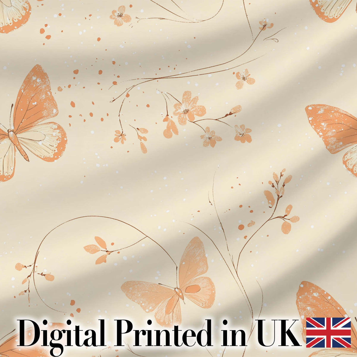 Peach Butterflies Floral Branches Seamless Pattern Soft Beige Background Digital Print Fabric by the Metre UK Sewing Quilting Textile
