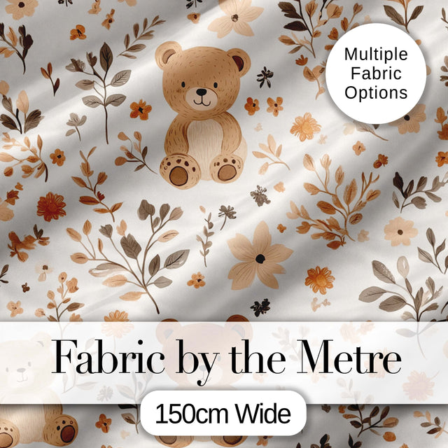 Cute Teddy Bear Floral Leaves Seamless Pattern Soft Neutral Background Digital Print Fabric by the Metre UK Sewing Quilting Textile