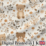 Cute Teddy Bear Floral Leaves Seamless Pattern Soft Neutral Background Digital Print Fabric by the Metre UK Sewing Quilting Textile