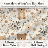Cute Teddy Bear Floral Leaves Seamless Pattern Soft Neutral Background Digital Print Fabric by the Metre UK Sewing Quilting Textile