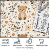 Cute Teddy Bear Floral Leaves Seamless Pattern Soft Neutral Background Digital Print Fabric by the Metre UK Sewing Quilting Textile