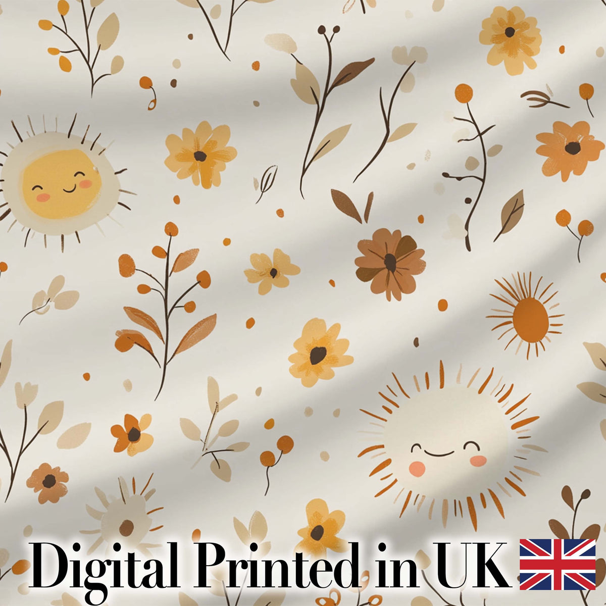 Cute Smiling Sun Floral Leaves Seamless Pattern Warm Neutral Background Digital Print Fabric by the Metre UK Sewing Quilting Textile