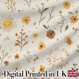 Cute Smiling Sun Floral Leaves Seamless Pattern Warm Neutral Background Digital Print Fabric by the Metre UK Sewing Quilting Textile